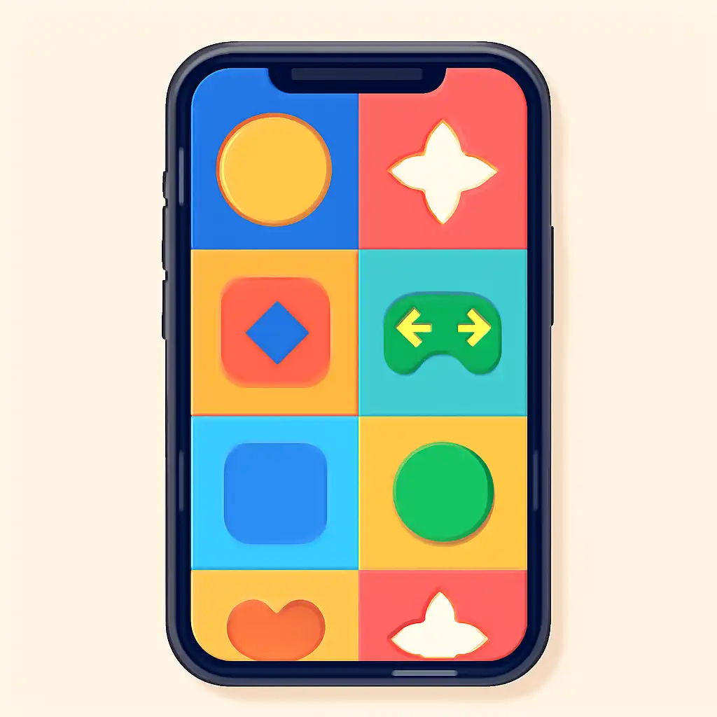 Smartphone shown from the front displaying a colourful flat layout of abstract game icons and rounded tiles (no text, no letters, no labels), BDG Win
