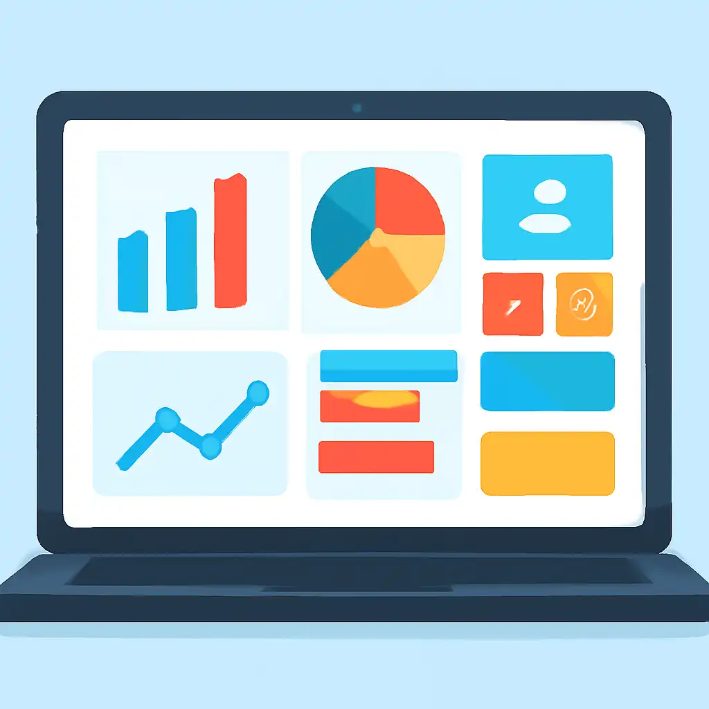 Laptop shown from the front displaying a colourful flat dashboard of abstract charts, bars and icon tiles (no text, no letters, no labels), BDG Win