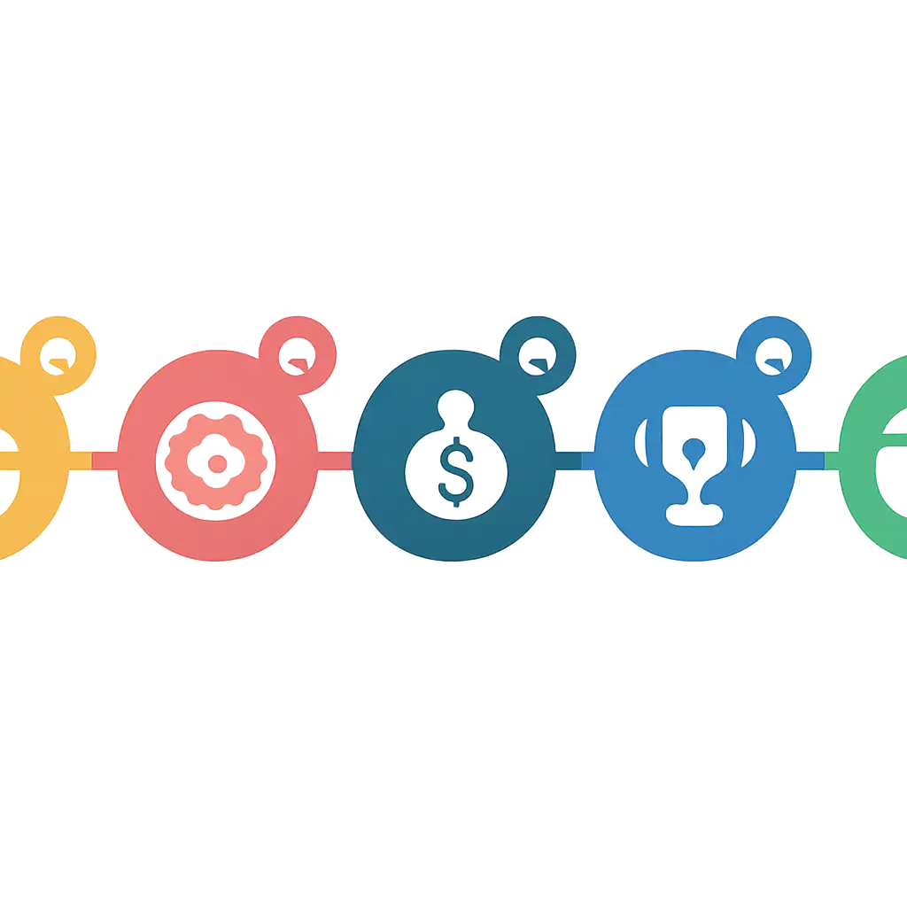 Five numbered circular icons connected by arrows in a horizontal flow, flat illustration, icons only, no words, BDG Win steps